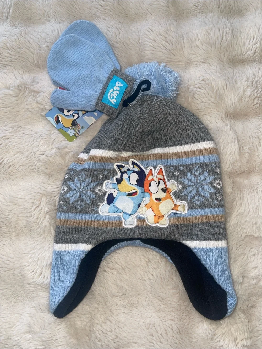 Kids Gray & Light Blue Earflap Beanie with Mittens